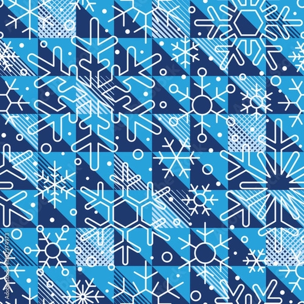 Fototapeta Seamless pattern, snowflakes and geometric ornament, winter sports texture, winter vector background