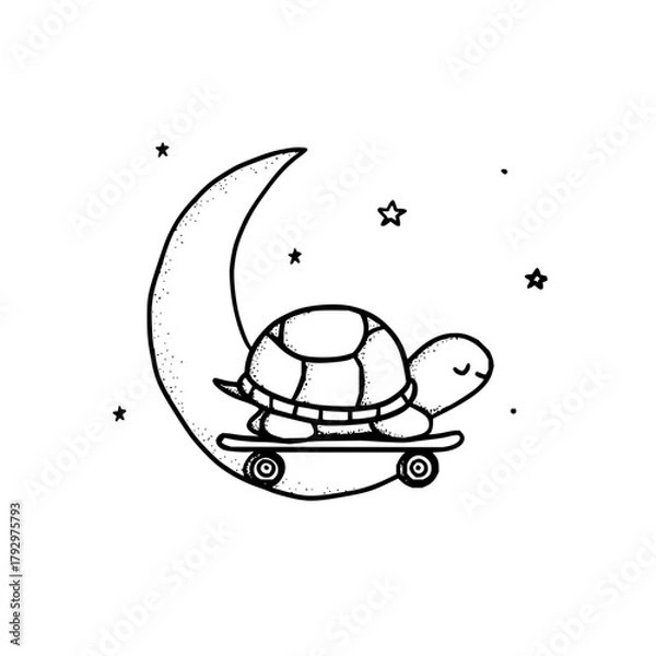 Fototapeta Cute turtle riding a skateboard on the moon