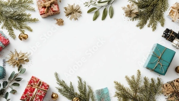 Fototapeta christmas-themed background with fir branches, gifts, and decorations on a white tabletop. christmas concept for banner or poster design.