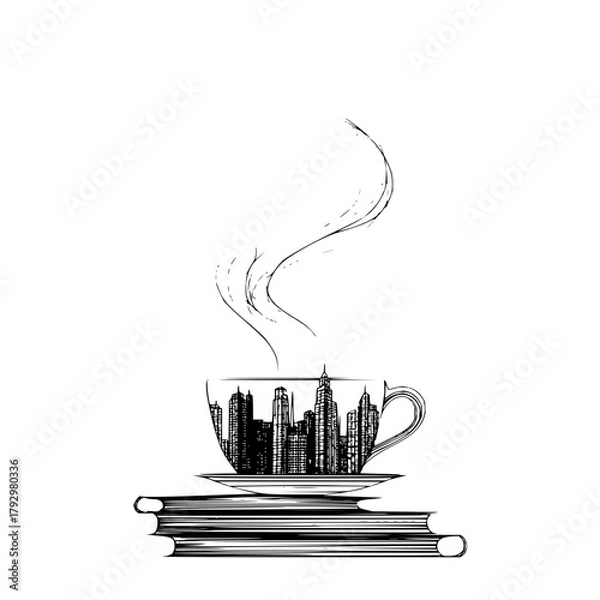 Fototapeta Hand drawn illustration of a cup of coffee with city