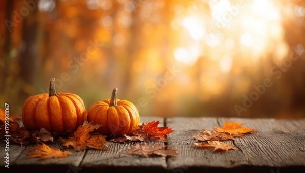 Fototapeta halloween pumpkins and autumn leaves on a wooden table in a forest, with a blurred background of orange sunlight.