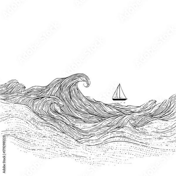 Fototapeta Hand drawn ocean waves with a sailboat
