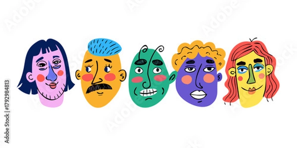 Obraz Colorful people face set. Funny portraits, modern abstract character in doodle style. Vector hand drawn illustration .VECTOR ICON