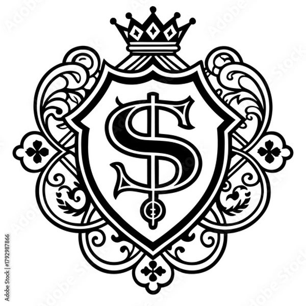 Fototapeta Heraldic shield with crown and dollar sign