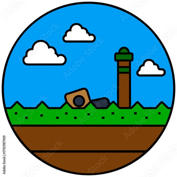 Fototapeta A cartoon landscape with a tower and a fallen object in a circle