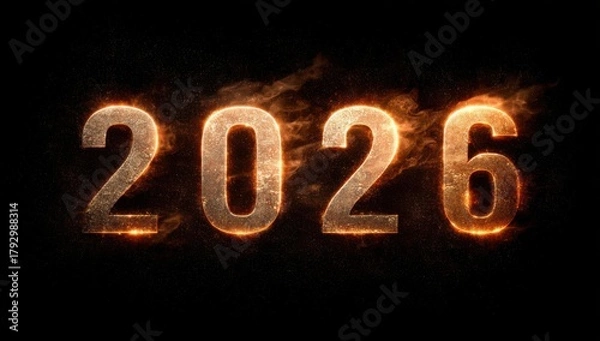 Fototapeta the word "2026" is written in glowing, fiery letters on a black background