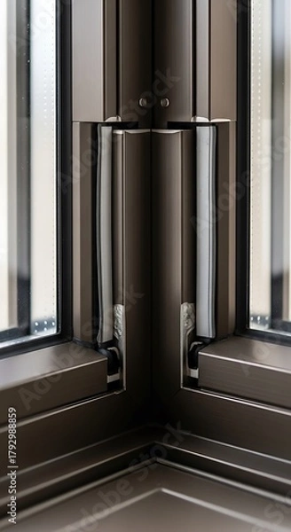 Fototapeta Close-up of a Modern Window Corner Joint with Brown Frames.