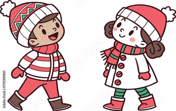 Fototapeta Christmas cartoon vector illustration of Santa Claus, an elf boy, and a smiling woman wearing a winter hat, having fun in the snow