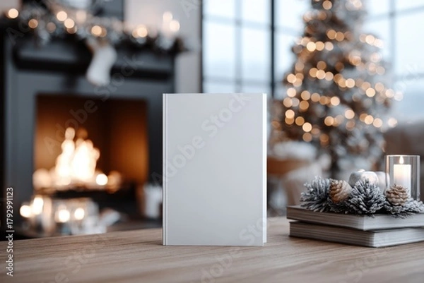 Fototapeta white blank book cover mockup on a table with a christmas tree and fireplace in the background
