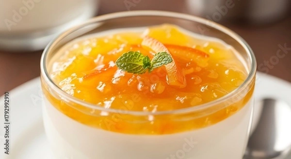 Obraz Delicious Mango Panna Cotta Dessert with Mint Garnish in Glass.