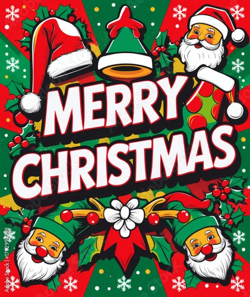 Fototapeta Festive celebration with joyful Santa Claus, vibrant decorations, and a cheerful message for Christmas