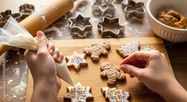Obraz Decorating cookies baking process close up with tools and ingredients