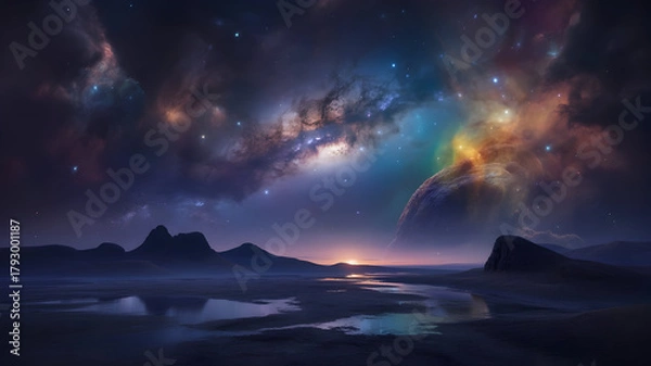 Fototapeta Vibrant cosmic alien landscape illustration featuring a colorful nebula and distant planet at dawn over reflective waters