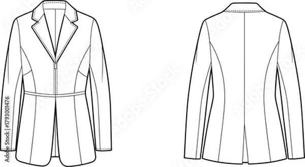 Fototapeta Fashion flat sketch of women’s fitted blazer jacket with notch lapel collar, long sleeves, waist seam, front zipper closure, vector technical drawing