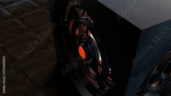 Obraz 3d rendering of a abstract and stylish science fiction horror themed cube object with glowing lights in a dark and misty environment