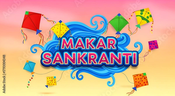 Fototapeta Vibrant Makar Sankranti celebration with colorful kites against a sunrise sky - design for festive greeting cards and posters