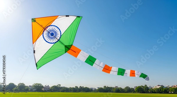 Fototapeta Kite sky freedom independence day festival celebration india flag color tricolor string flight wind air summer outdoor landscape field