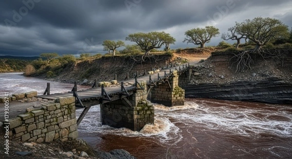 Obraz Rustic Stone and Wood Bridge Over a River at Dusk