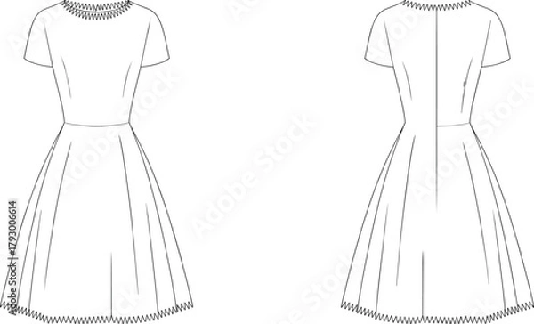 Fototapeta Fit-and-flare dress technical sketch, front and back view, pleated skirt, zigzag trim detail, short sleeves, fashion flat, garment construction, vector illustration