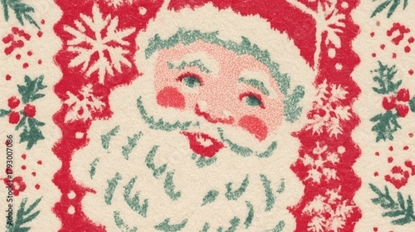 Fototapeta Christmas Vintage Illustration of Santa Claus with Snowflakes, Holly Berries, and Pine Branches on Textured Background, Ideal for Wallpaper, Poster, and Festive Design Assets