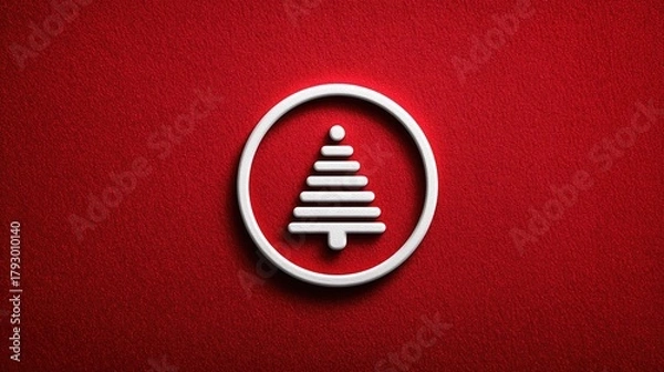 Fototapeta Minimalist Christmas Tree Icon in White Circle on Textured Red Background, Ideal for Logo, Wallpaper, and Festive Design Projects
