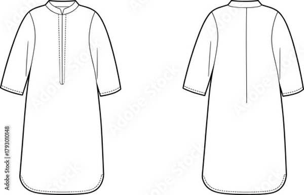 Fototapeta Flat sketch of long sleeve kurta dress front and back view, technical fashion illustration with collar and placket design for apparel pattern