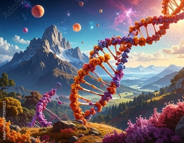 Fototapeta Double helix structure emerges from mountainous terrain under a celestial sky.