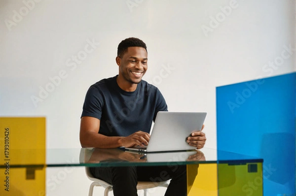 Fototapeta A smiling young man in a black t-shirt working on a laptop at a glass desk in a modern office with colorful geometric panels.