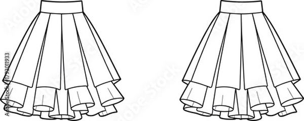 Fototapeta Layered flared skirt technical sketch, front and back view, tiered hemline, panel seams, fitted waistband, fashion flat, garment construction, vector illustration
