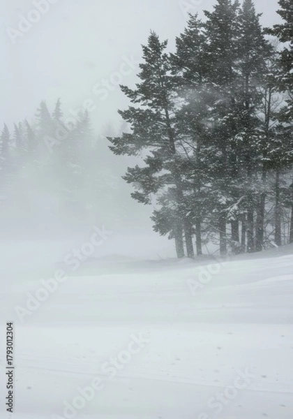 Fototapeta A severe winter blizzard featuring swirling white snow and heavy winds obscures the natural landscape, creating dangerous whiteout conditions ,heavy ,blowing ,cold