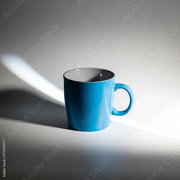 Fototapeta Blue ceramic mug casting a long shadow in studio lighting