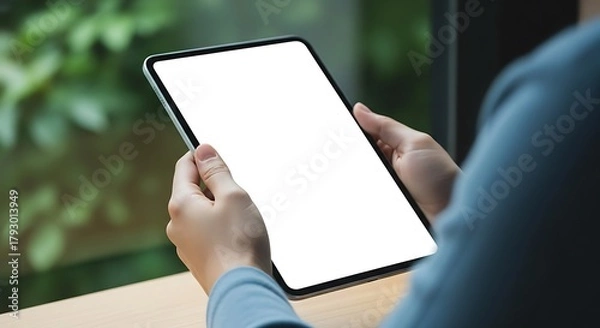Fototapeta Person holding a smartphone with a blank white screen in their hands