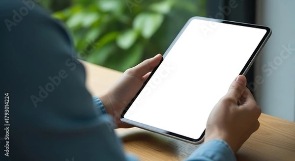 Fototapeta Person holding a tablet computer with a blank white screen