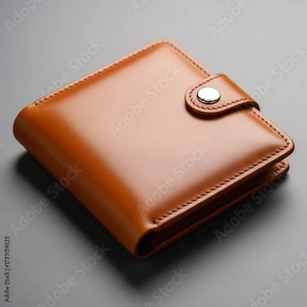 Fototapeta Classic brown leather bi fold wallet with snap closure on a gray background