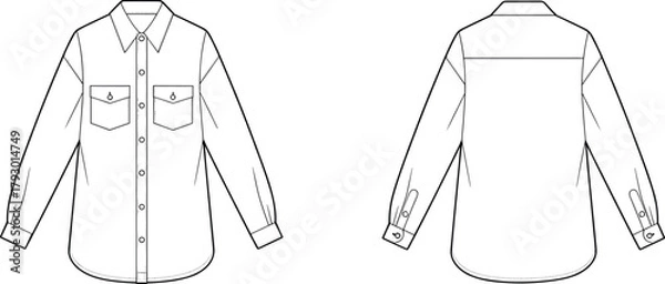 Fototapeta Long sleeve button-up shirt technical flat sketch, front and back view, detailed fashion CAD drawing, vector apparel design template, clothing illustration