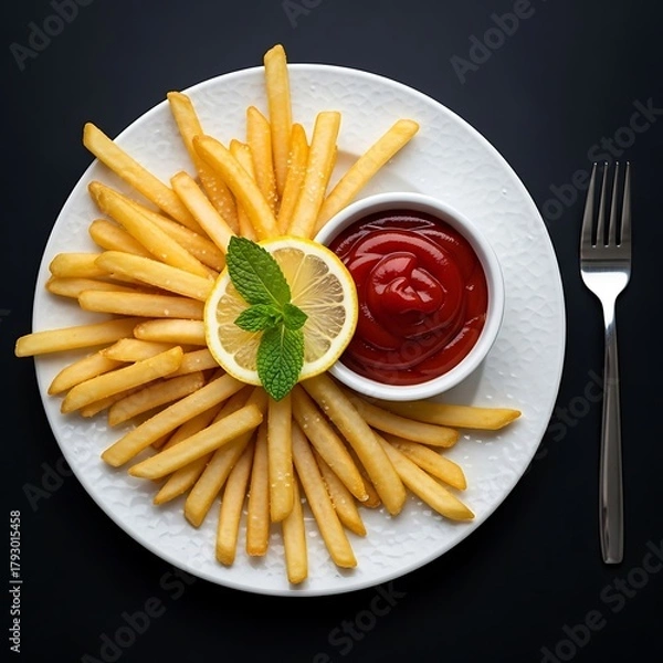 Fototapeta Crispy golden french fries served with ketchup and lemon slice