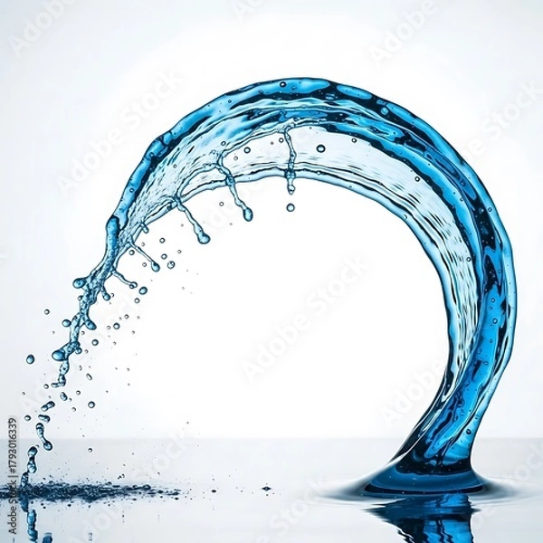 Fototapeta Dynamic blue water splash frozen in a perfect arc against white background