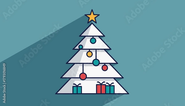 Obraz Minimalist Flat Design White Christmas Tree with Ornaments and Gifts Icon