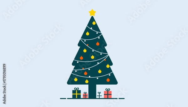 Obraz Minimalist Flat Design Christmas Tree with Lights and Gifts Illustration on Light Blue Background