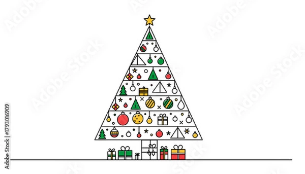 Obraz Minimalist Line Art Christmas Tree with Decorations and Presents Icon