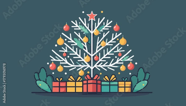 Obraz Minimalist Flat Design Christmas Tree with Gifts and Ornaments on Dark Background