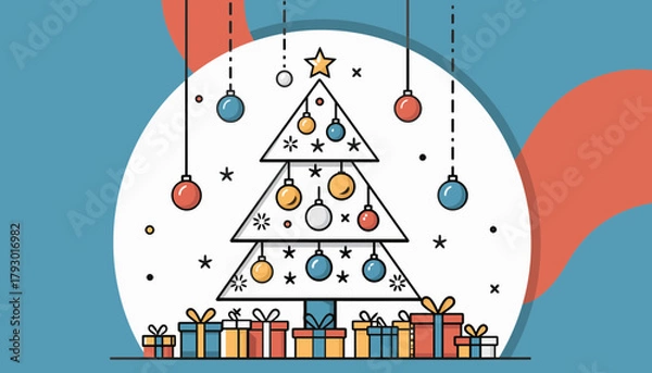 Obraz Minimalist Line Art Christmas Tree with Presents and Hanging Ornaments for Holiday Design