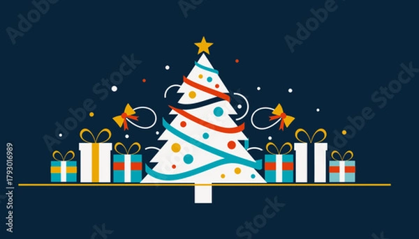 Obraz Festive Flat Design Christmas Tree with Gifts Illustration on Dark Background