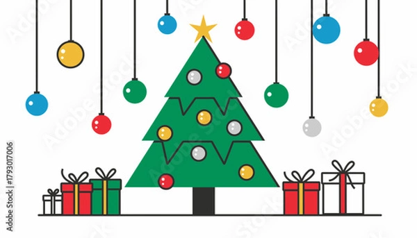 Obraz Minimalist Flat Design Christmas Tree with Hanging Ornaments and Gifts Illustration