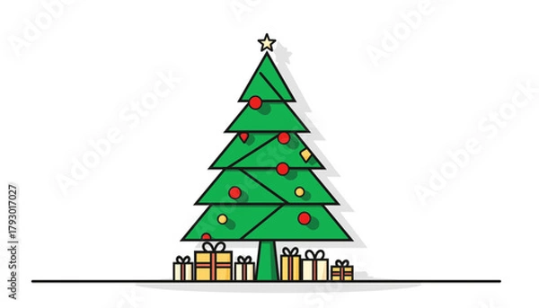 Obraz Minimalist Flat Icon of Decorated Christmas Tree with Gifts Underneath for Holiday Design