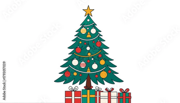Obraz Festive Christmas Tree with Wrapped Gifts Illustration on White Background