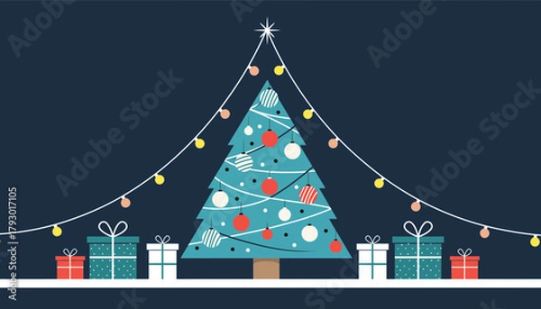 Obraz Festive Flat Christmas Tree Illustration with Gifts and String Lights on Dark Background