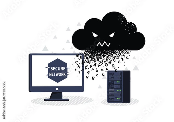 Fototapeta Digital security under attack a conceptual illustration of data vulnerability and network protection against menacing cloud threats