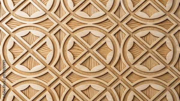 Fototapeta Intricate Geometric Wood Carving Pattern with Natural Grain Texture wood texture geometric pattern Background