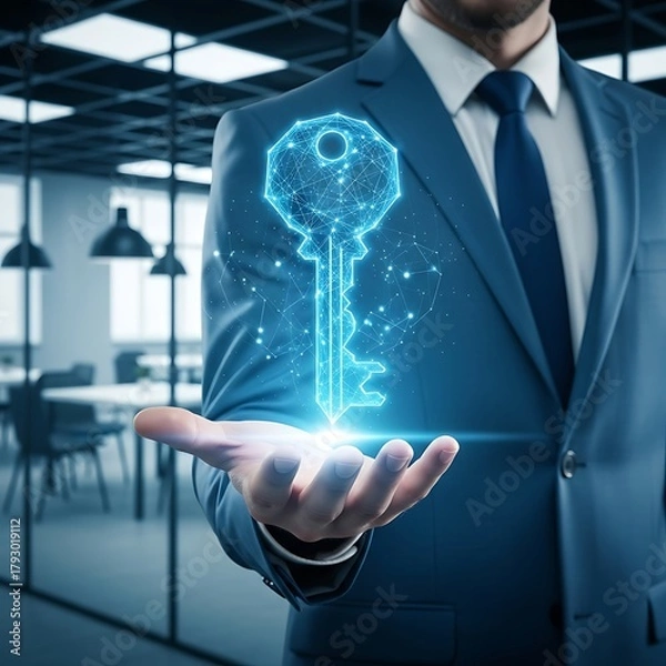 Fototapeta Businessman holding a glowing digital key in his open palm
